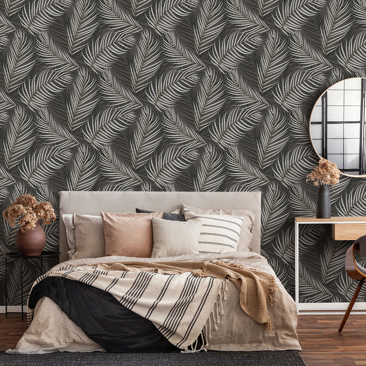 Тапет Пролет сребърни листа черно