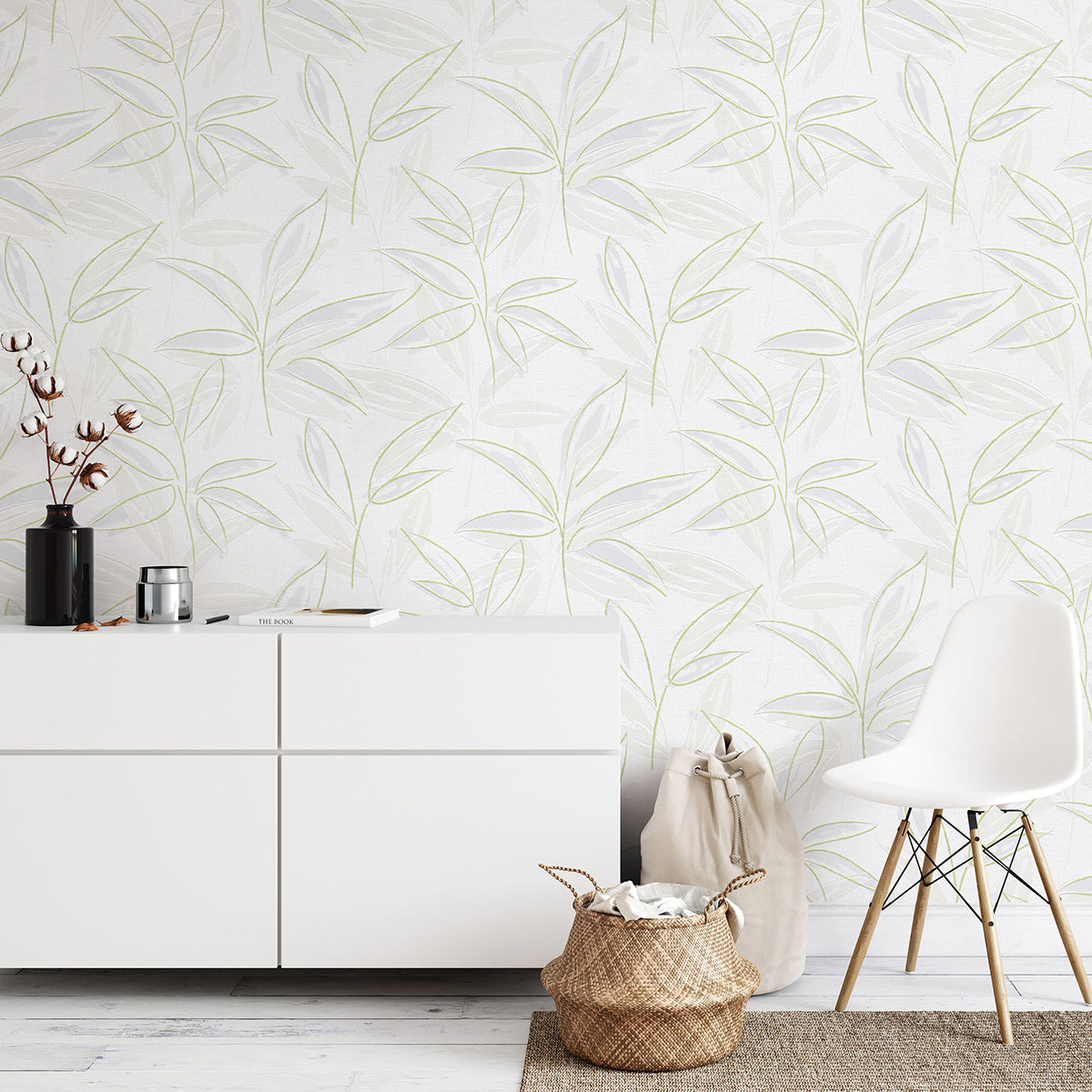 Тапет Лято зелени клонки бяло